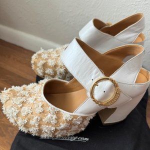 John Fluevog White/Raffia Platform Mary Jane Heel size 9